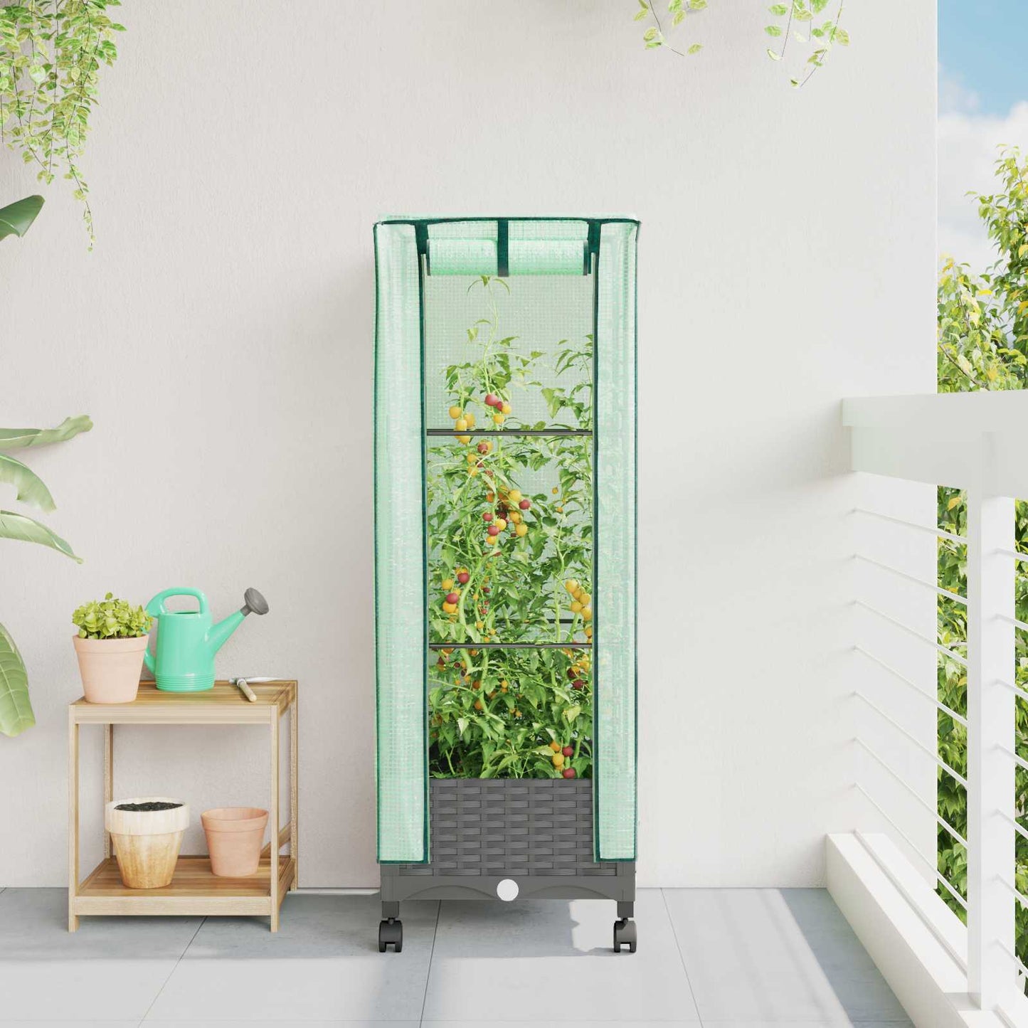 Tuinplantenbak met Kasbedekking en Wielen Lichtgrijs PP