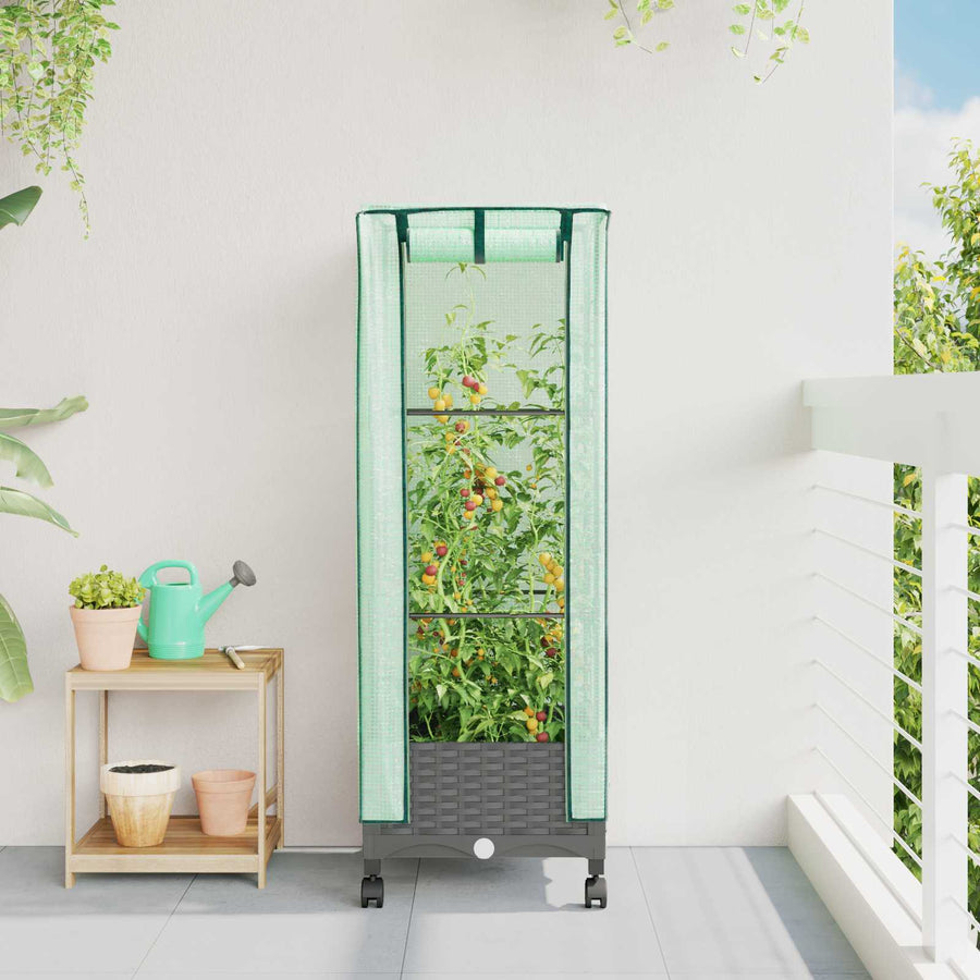 Tuinplantenbak met Kasbedekking en Wielen Lichtgrijs PP