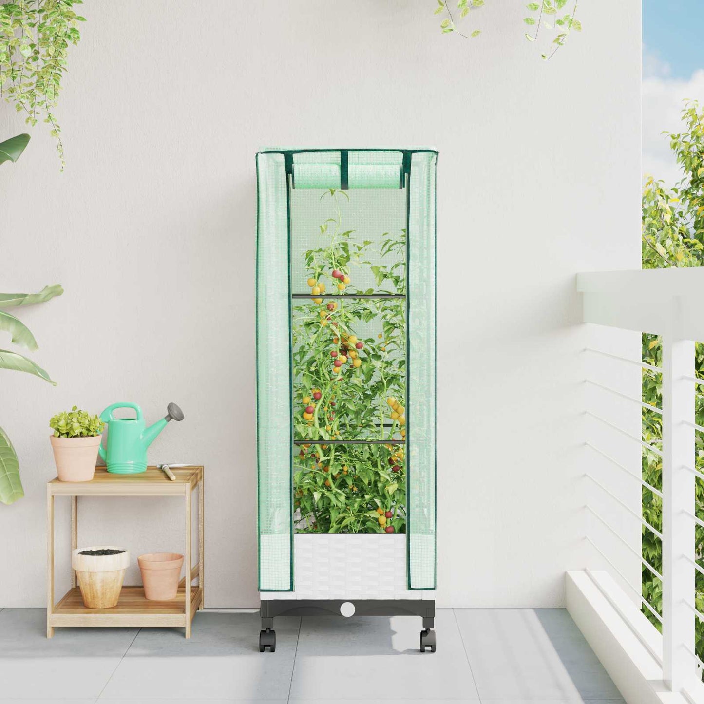 Tuinplantenbak met Kasbedekking en Wielen Wit 40 x 40 x 129 cm