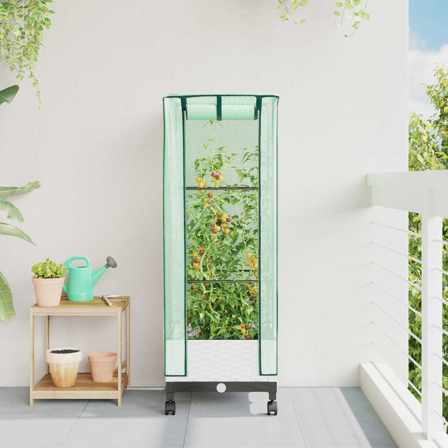 Tuinplantenbak met Kasbedekking en Wielen Wit 40 x 40 x 129 cm