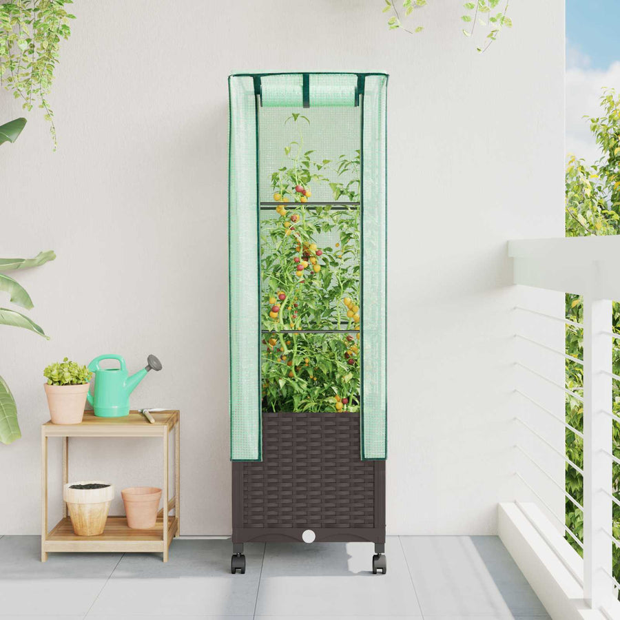 Tuinplantenbak met Kasbedekking en Wielen Bruin PP