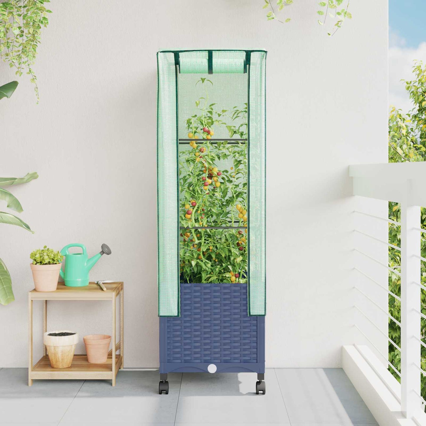 Tuinplantenbak met Kasbedekking en Wielen Blauw Grijs PP