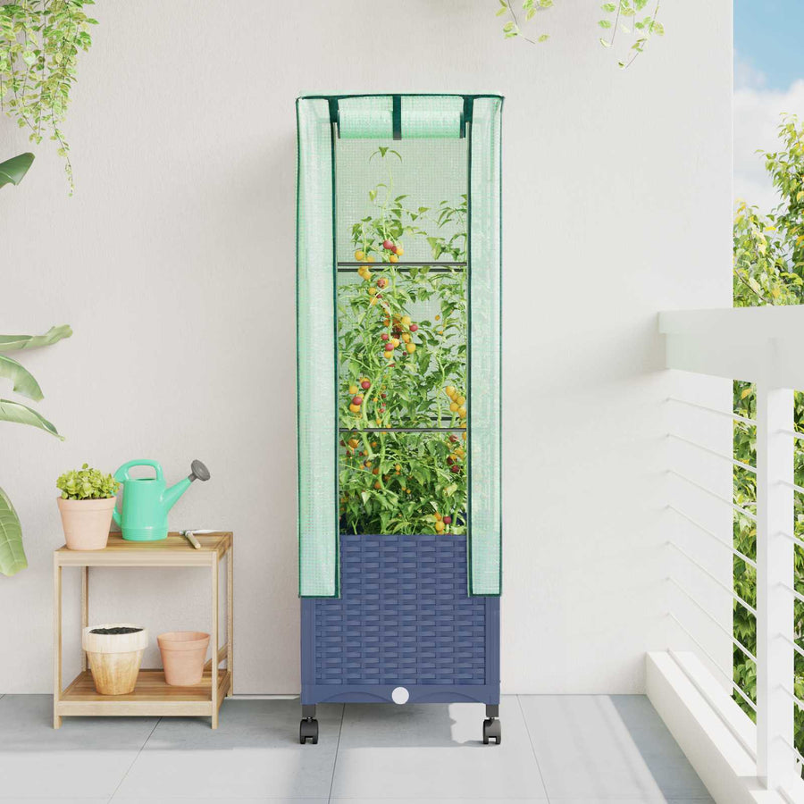 Tuinplantenbak met Kasbedekking en Wielen Blauw Grijs PP