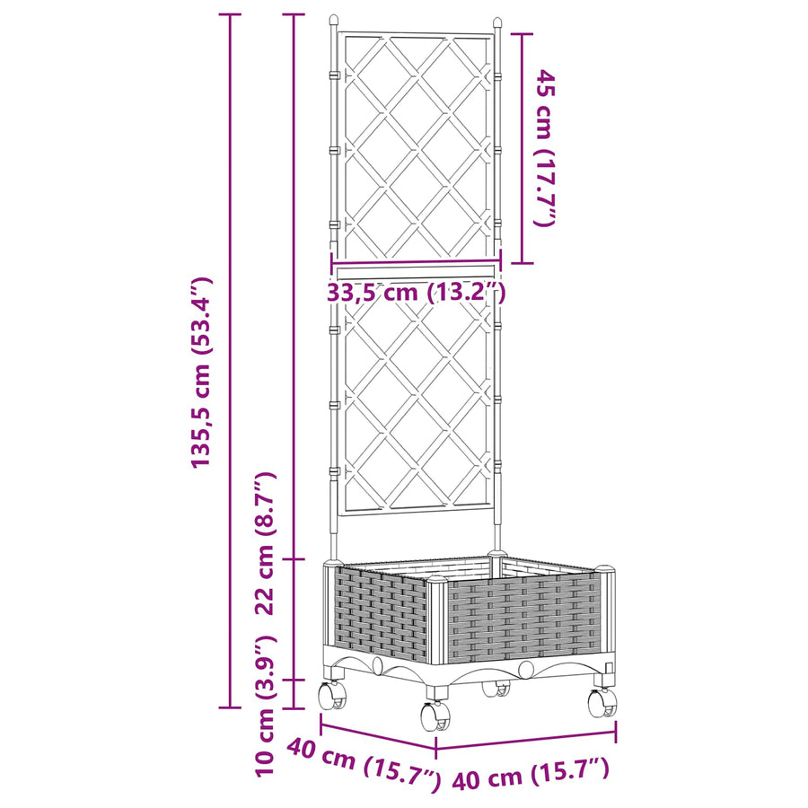 Tuinplantbak met schutting en wielen Grijs 40 x 40 x 131,5 cm