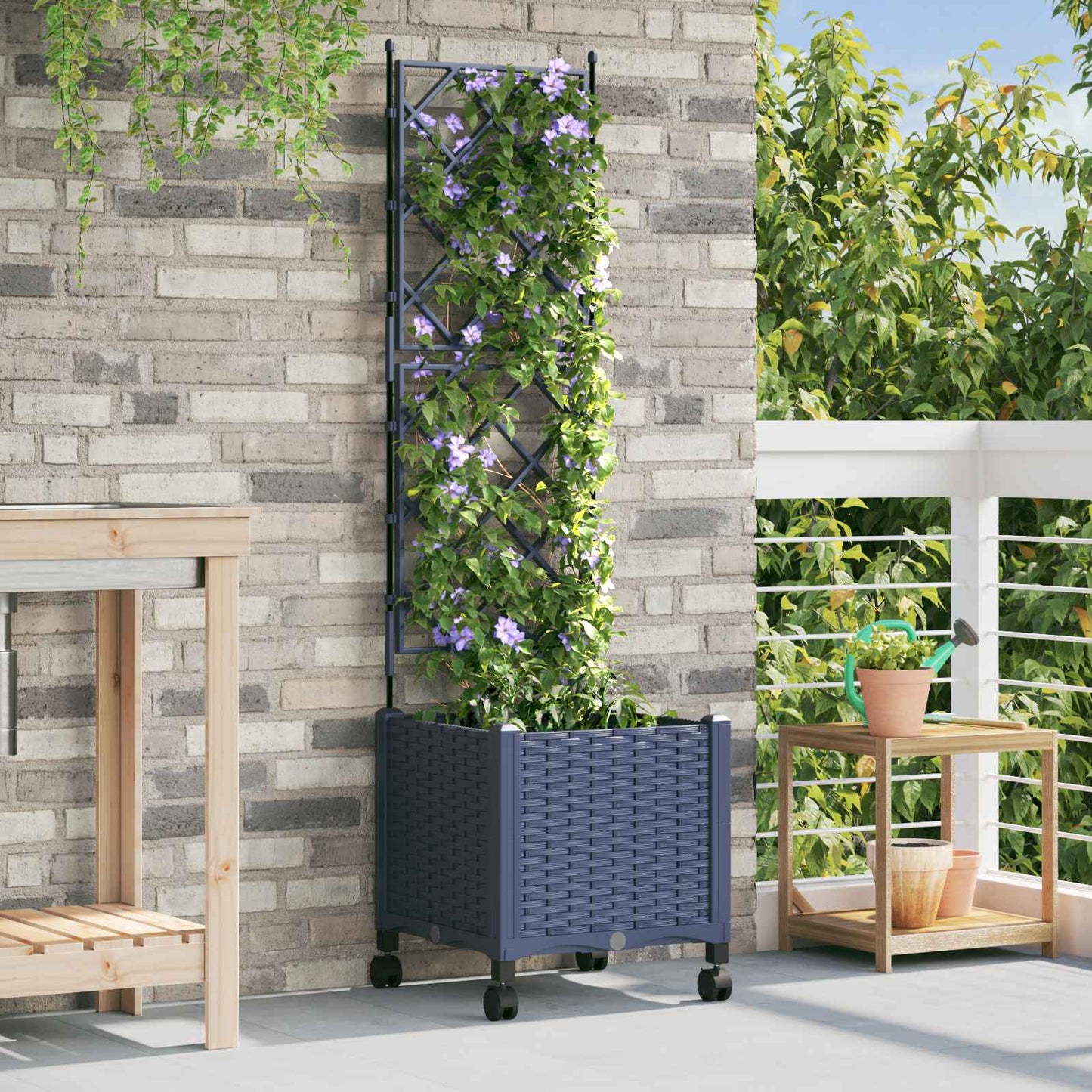 Tuinplantbak met schutting en wielen Grijs 40 x 40 x 149 cm PP