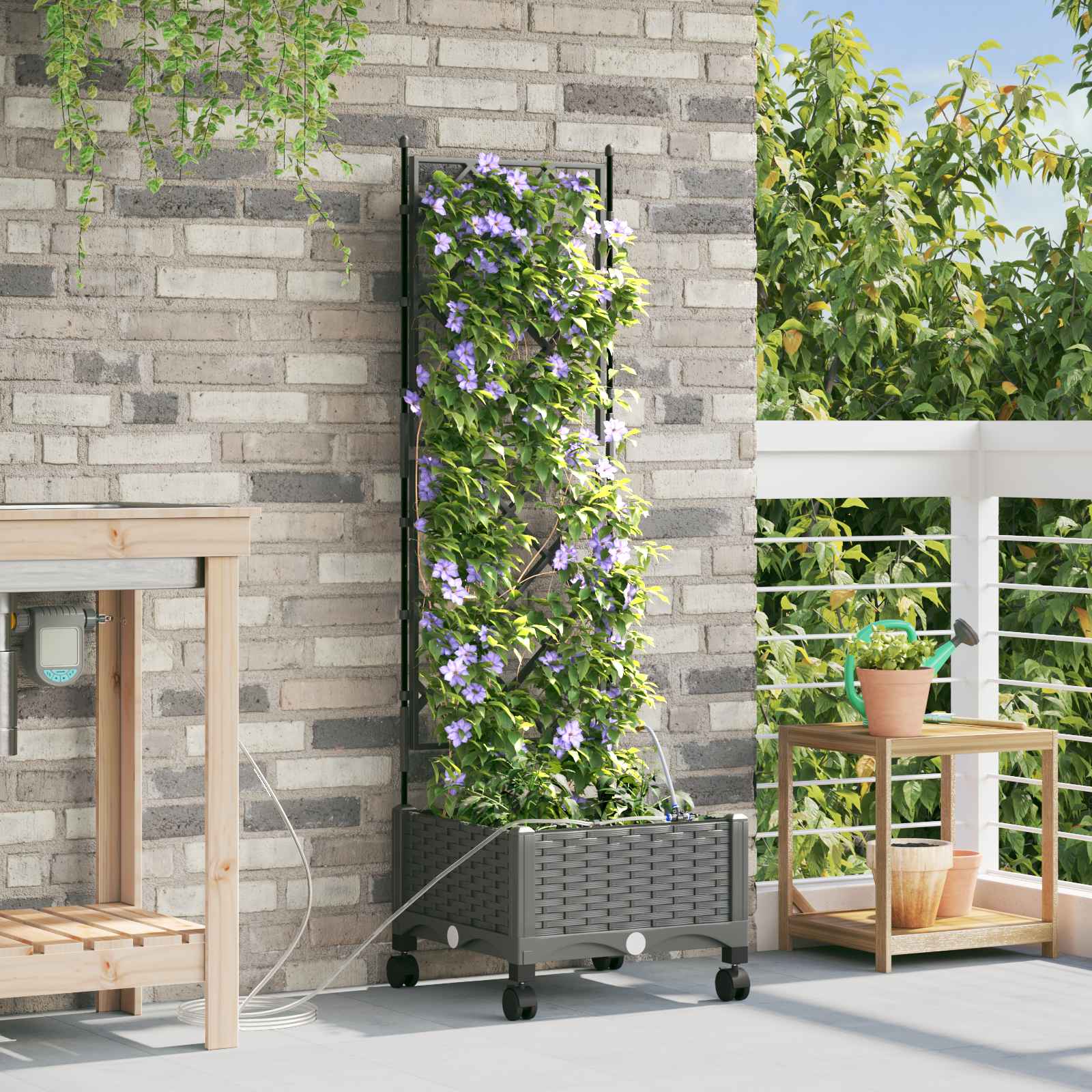 Tuin Pot met Irrigatie en Wielen Lichtgrijs 40 x 40 x 132 cm PP