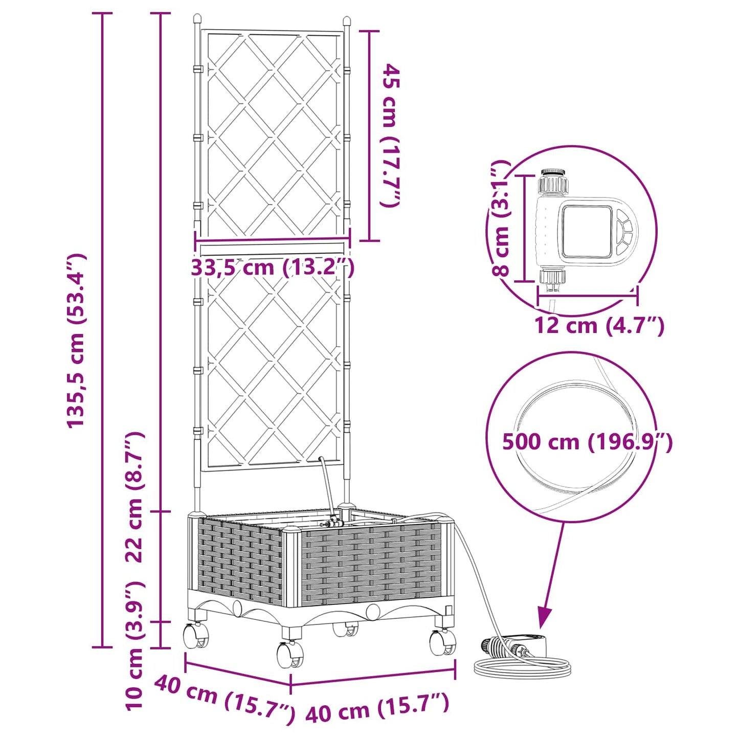 Tuin Pot met Irrigatie en Wielen Lichtgrijs 40 x 40 x 132 cm PP