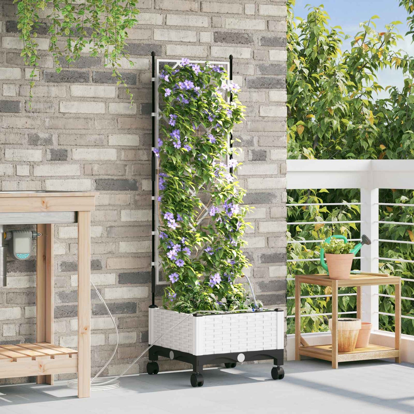 Tuin Pot met Irrigatie en Wielen Wit 40 x 40 x 132 cm PP