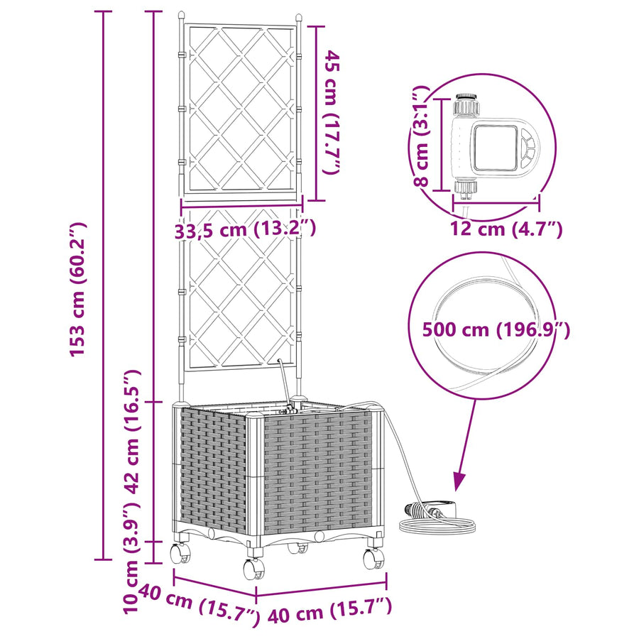 Tuin Pot met Irrigatie en Wielen Lichtgrijs 40 x 40 x 148 cm PP