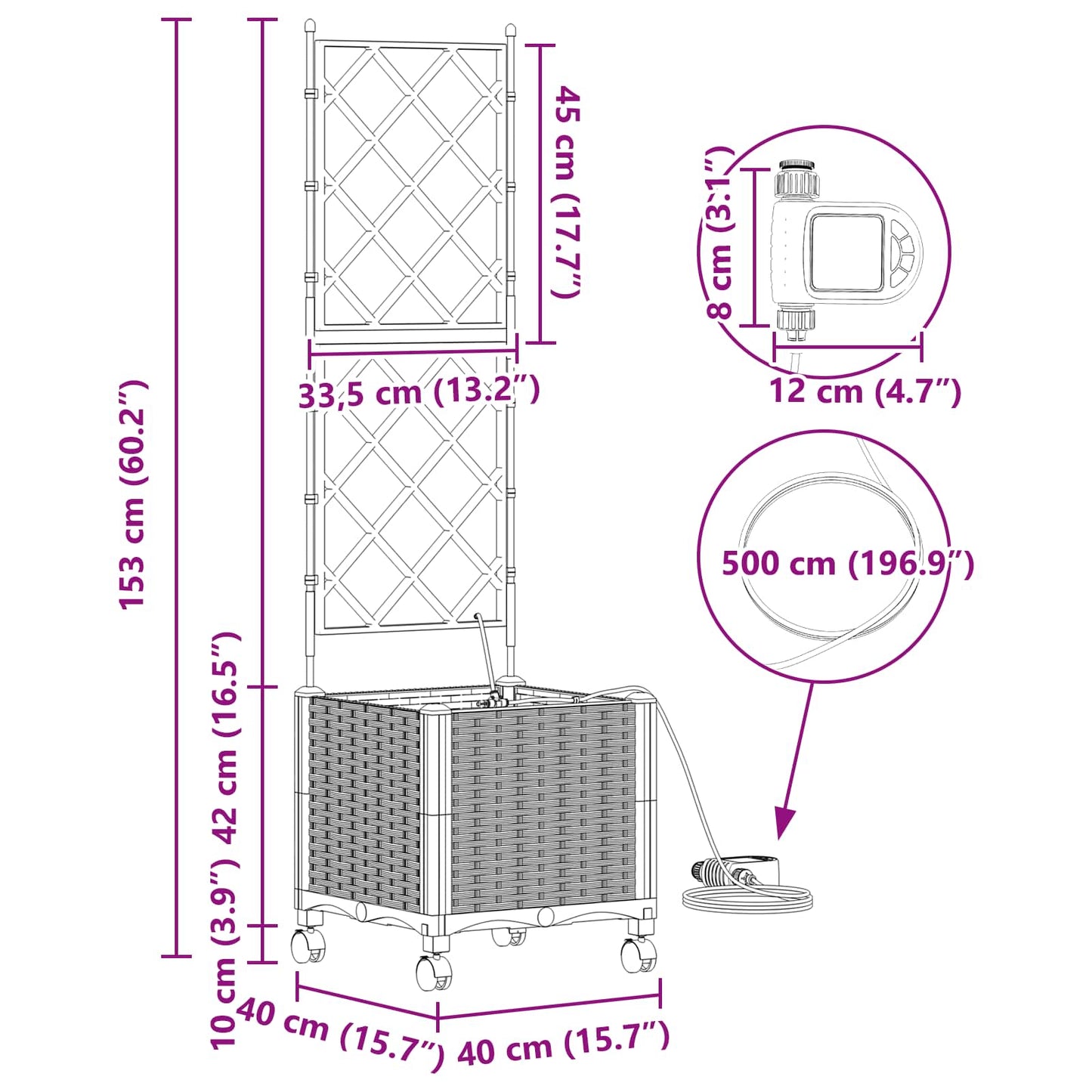 Tuin Pot met Irrigatie en Wielen Wit 40 x 40 x 148 cm PP