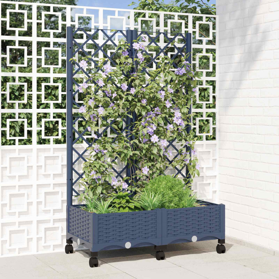Tuinplantbak met schutting en wielen Blauw Grijs PP