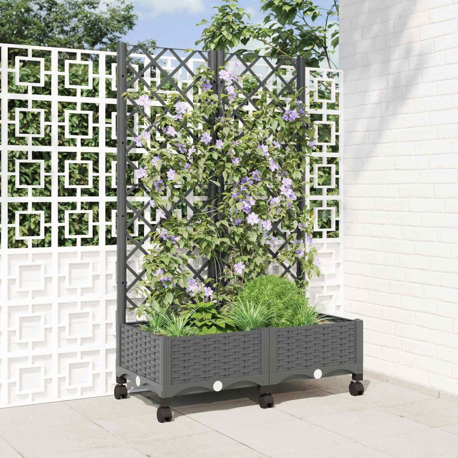 Tuinplantbak met schutting en wielen Lichtgrijs PP