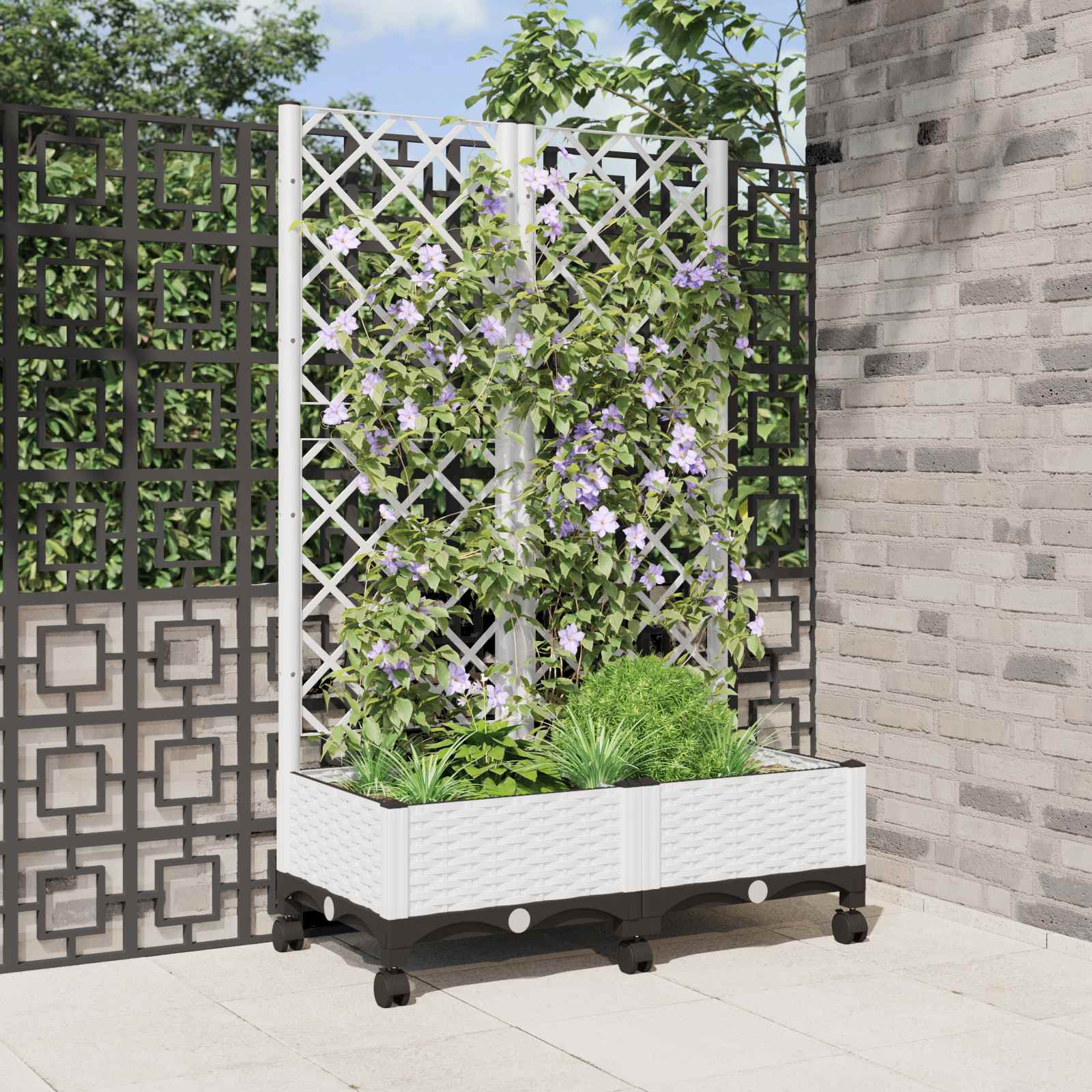 Tuinplantbak met schutting en wielen Wit 80 x 40 x 131,5 cm PP