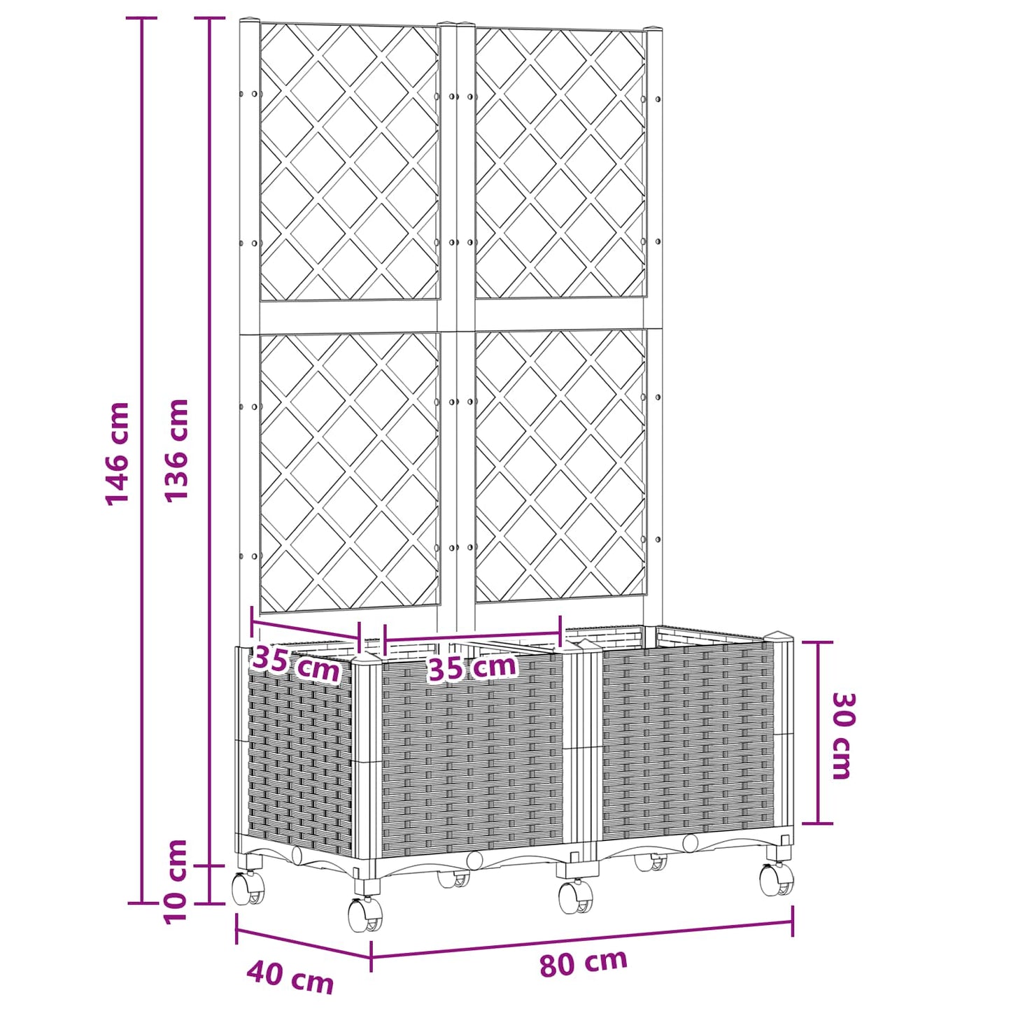 Tuinplantbak met schutting en wielen Zwart 80 x 40 x 146 cm PP