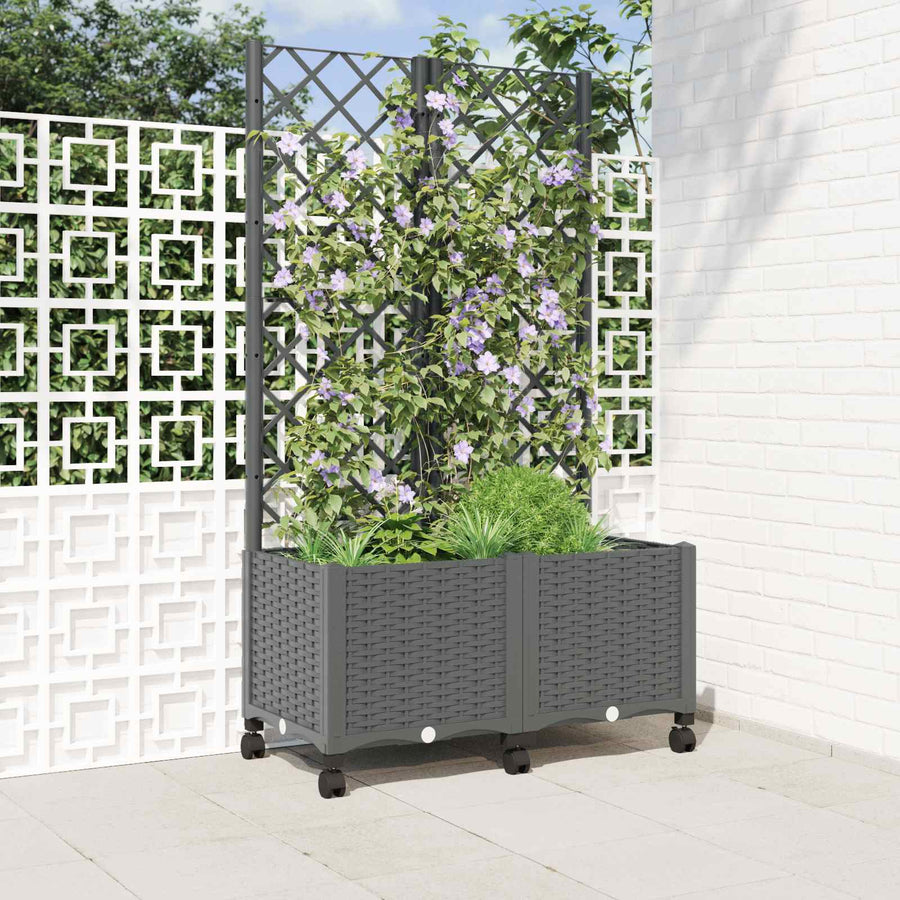 Tuinplantbak met schutting en wielen Lichtgrijs PP
