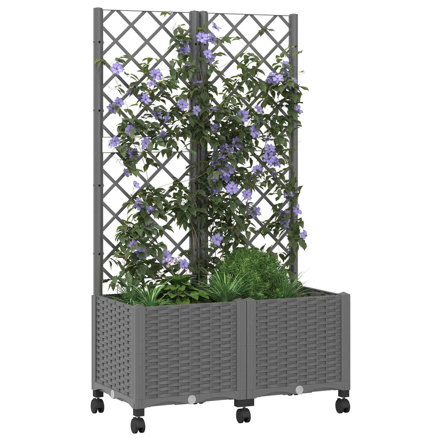 Tuinplantbak met schutting en wielen Lichtgrijs PP