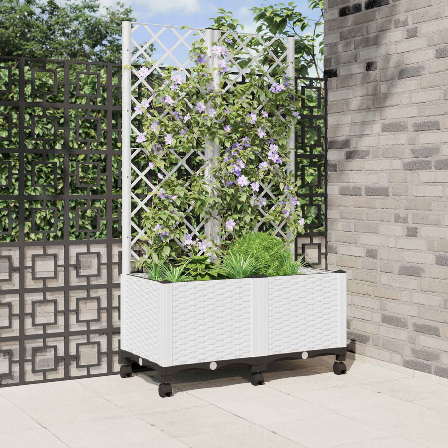Tuinplantbak met schutting en wielen Wit 80 x 40 x 146 cm PP