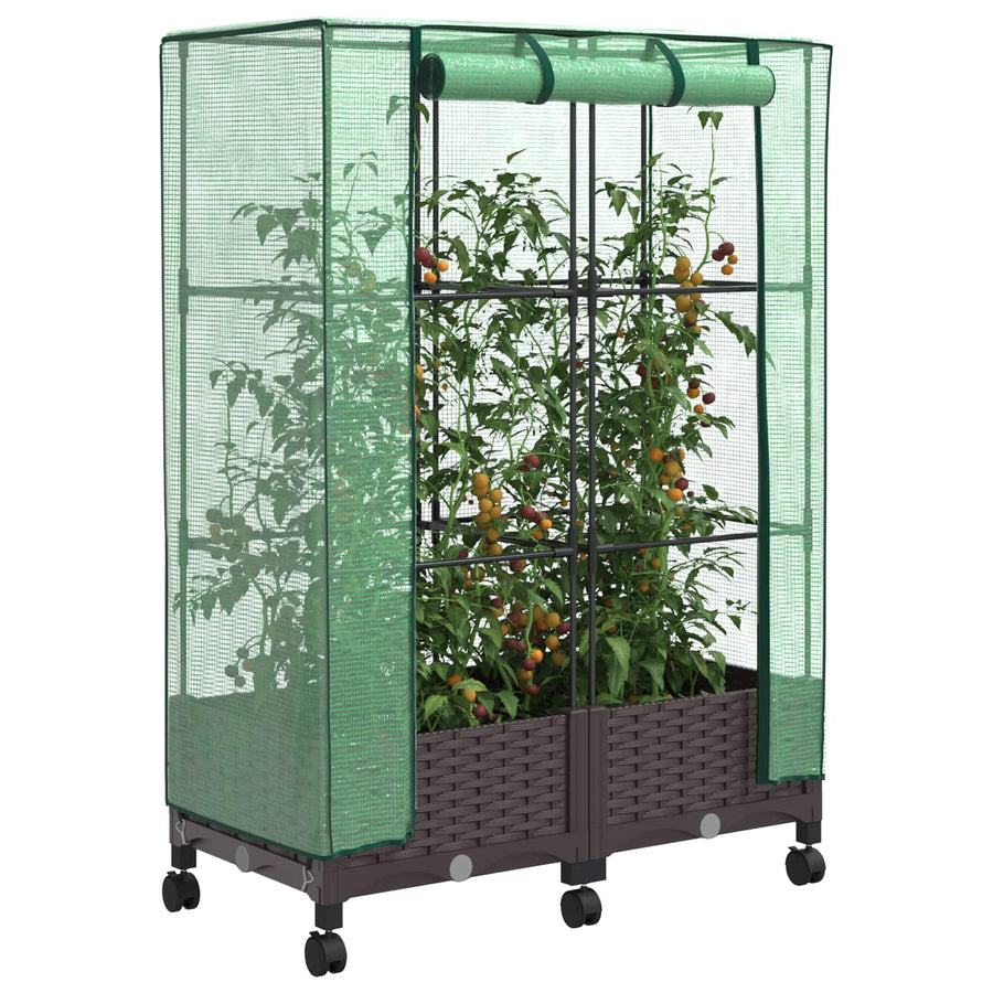 Tuinplantenbak met Kasbedekking en Wielen 2 st Bruin PP