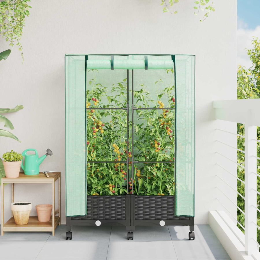 Tuinplantenbak met Kasbedekking en Wielen 2 st Zwart PP