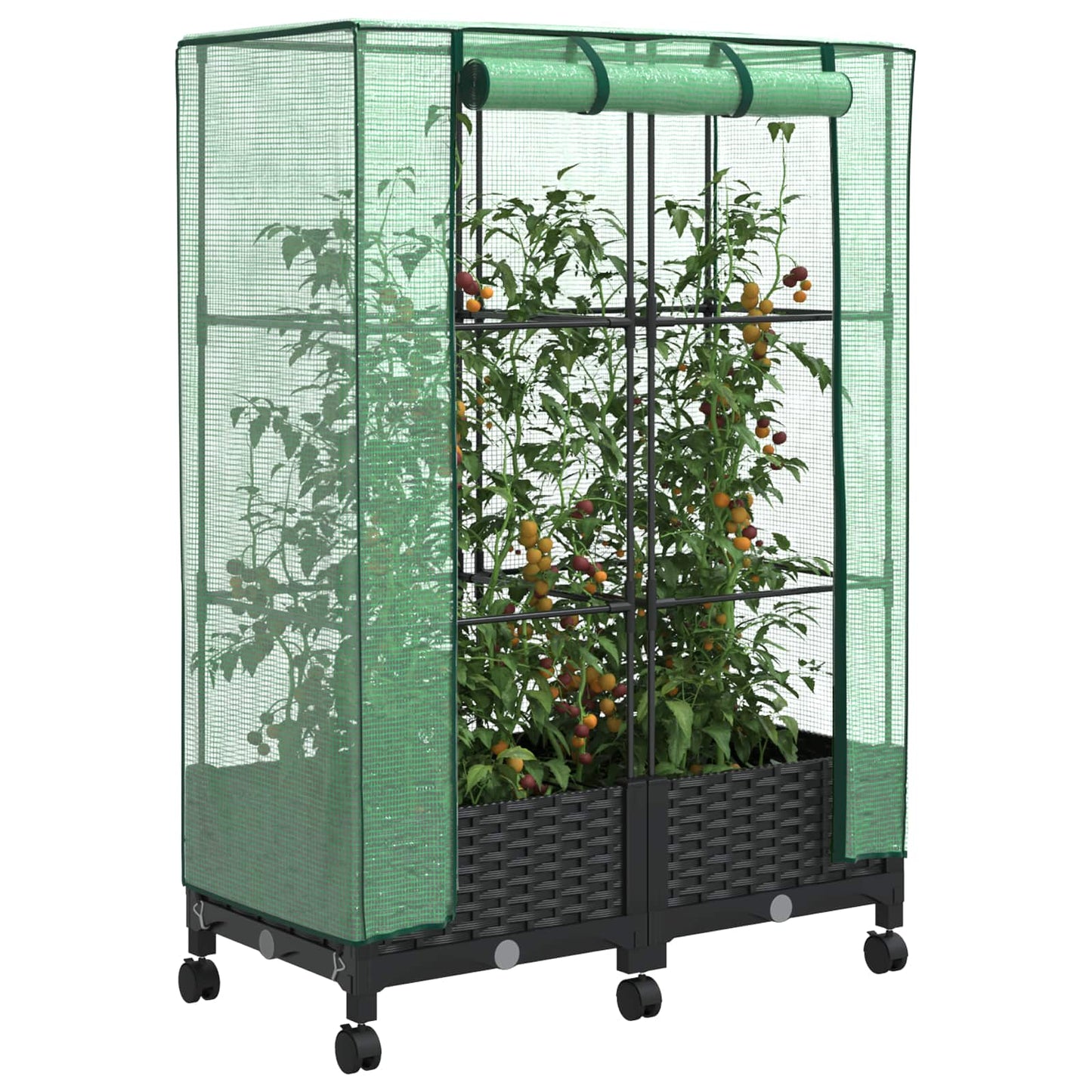 Tuinplantenbak met Kasbedekking en Wielen 2 st Zwart PP