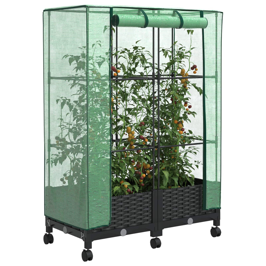 Tuinplantenbak met Kasbedekking en Wielen 2 st Zwart PP