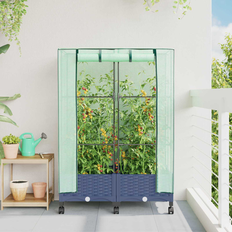 Tuinplantenbak met Kasbedekking en Wielen 2 st Blauw Grijs PP