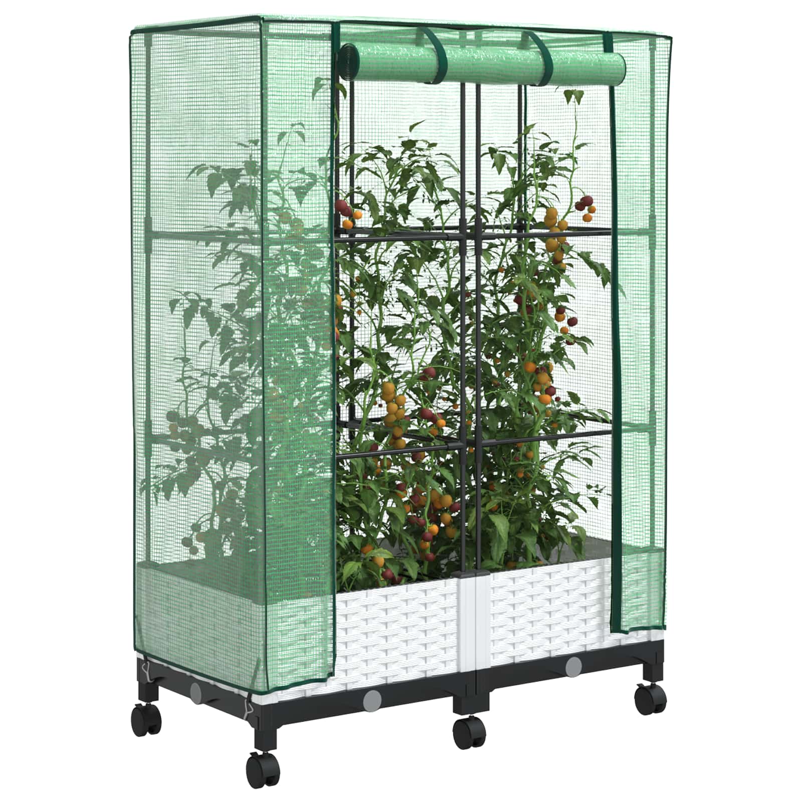 Tuinplantenbak met Kasbedekking en Wielen 2 st Wit PP