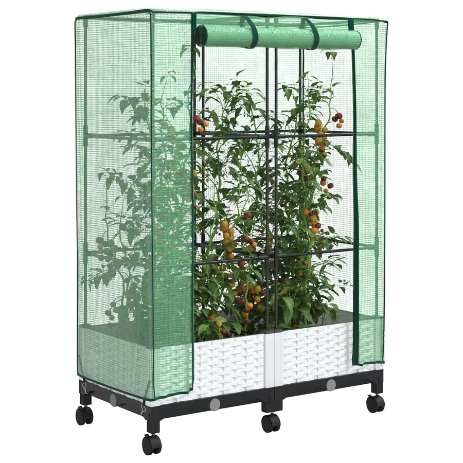 Tuinplantenbak met Kasbedekking en Wielen 2 st Wit PP