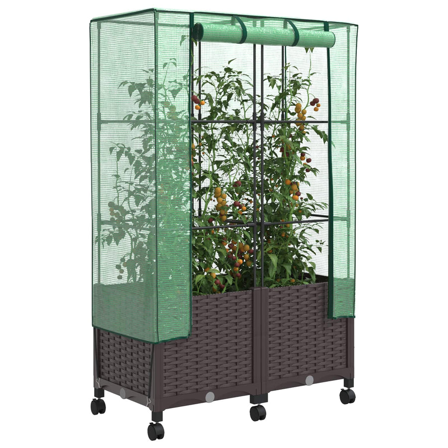 Tuinplantenbak met Kasbedekking en Wielen 2 st Bruin PP