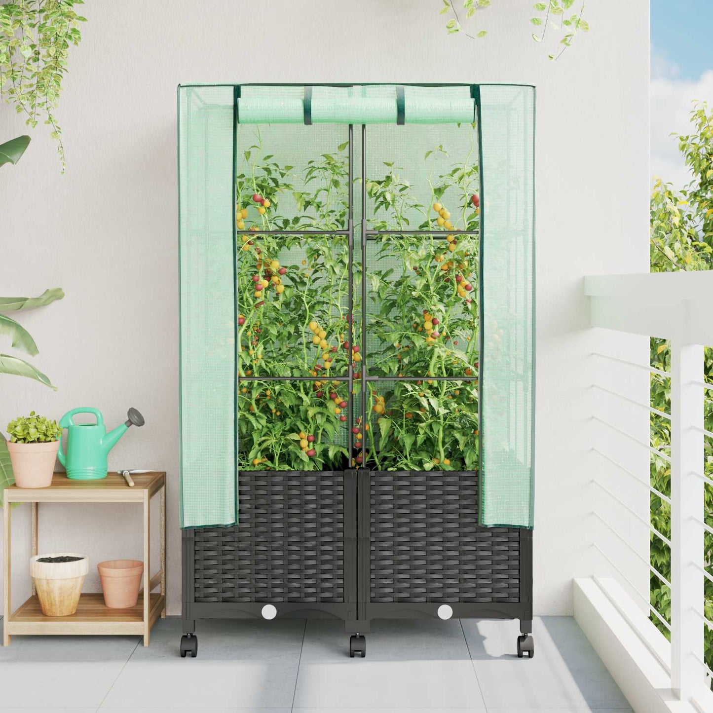 Tuinplantenbak met Kasbedekking en Wielen 2 st Zwart PP