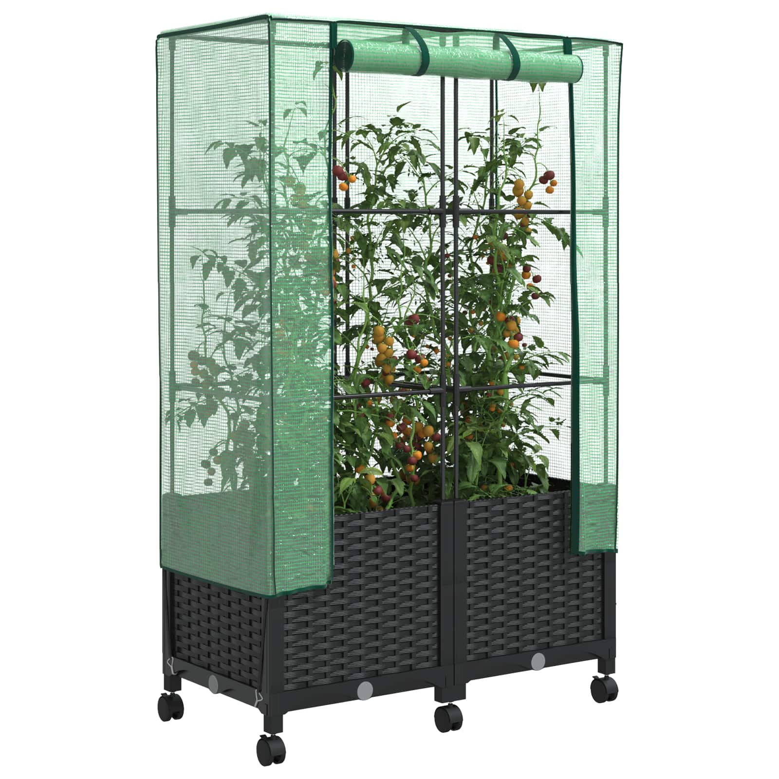 Tuinplantenbak met Kasbedekking en Wielen 2 st Zwart PP