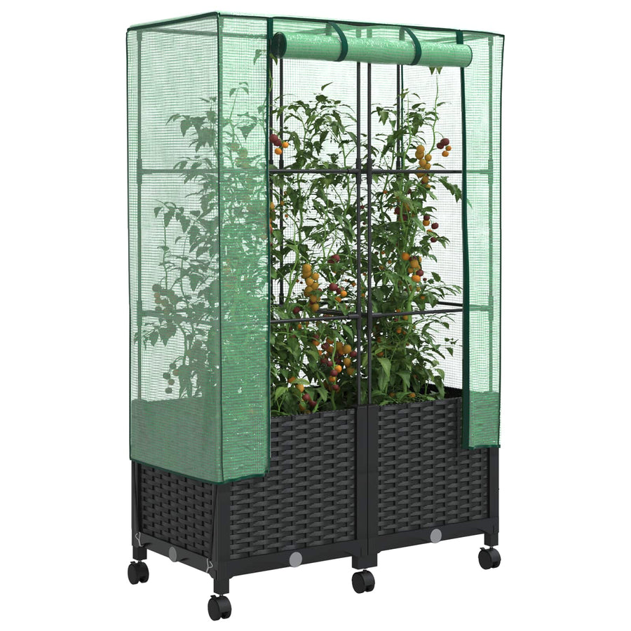 Tuinplantenbak met Kasbedekking en Wielen 2 st Zwart PP