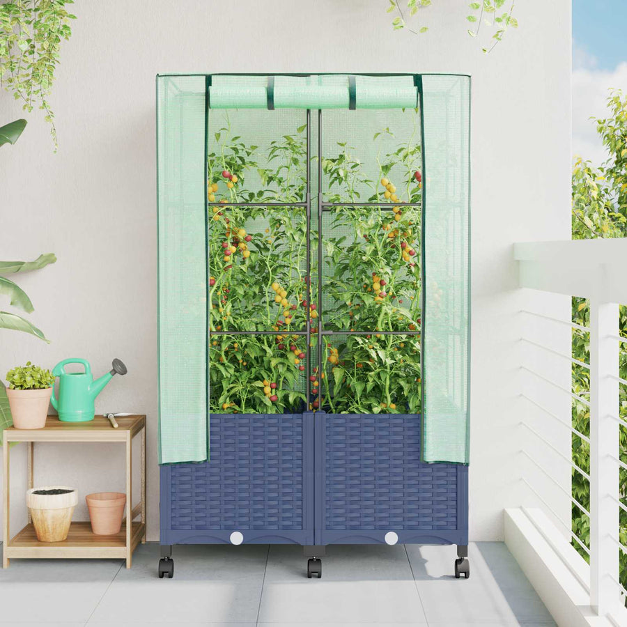 Tuinplantenbak met Kasbedekking en Wielen 2 st Blauw Grijs PP