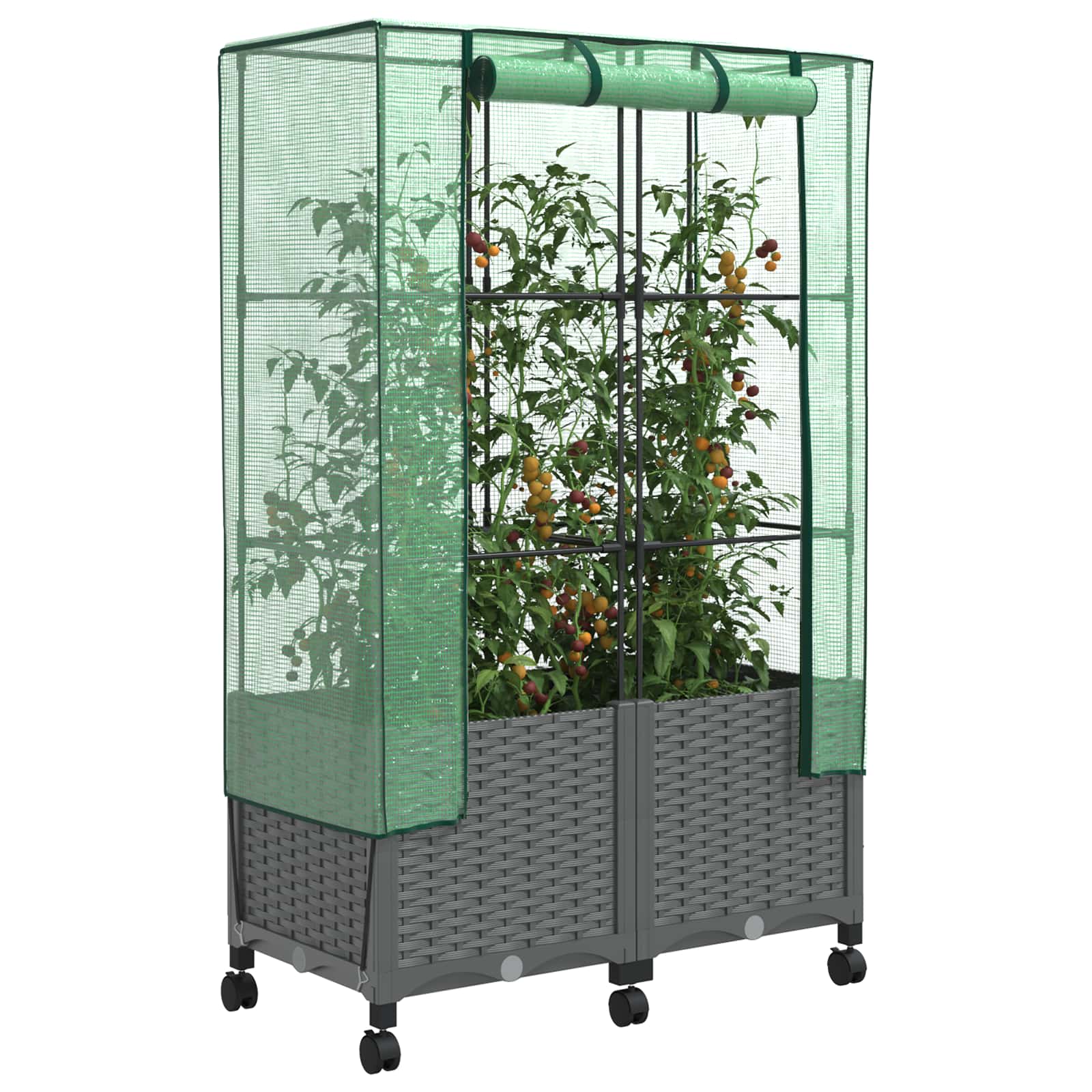 Tuinplantenbak met Kasbedekking en Wielen 2 st Lichtgrijs PP