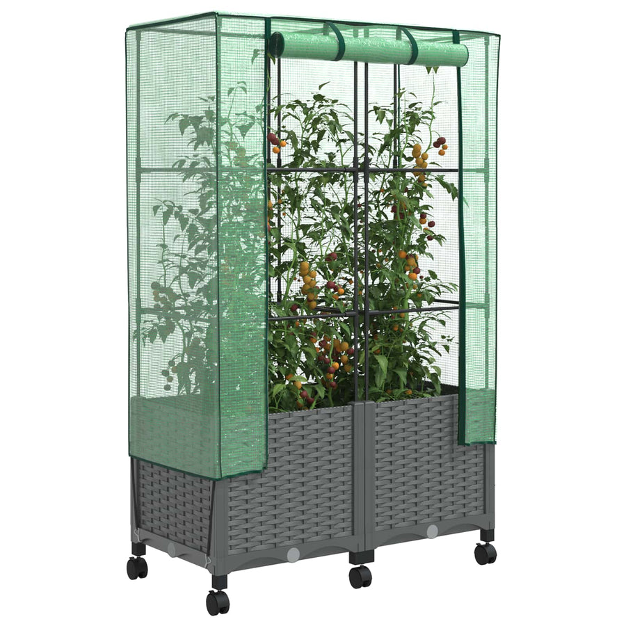 Tuinplantenbak met Kasbedekking en Wielen 2 st Lichtgrijs PP
