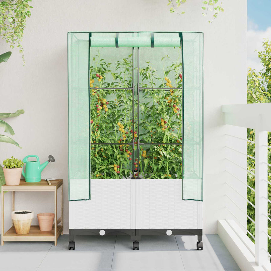 Tuinplantenbak met Kasbedekking en Wielen 2 st Wit PP