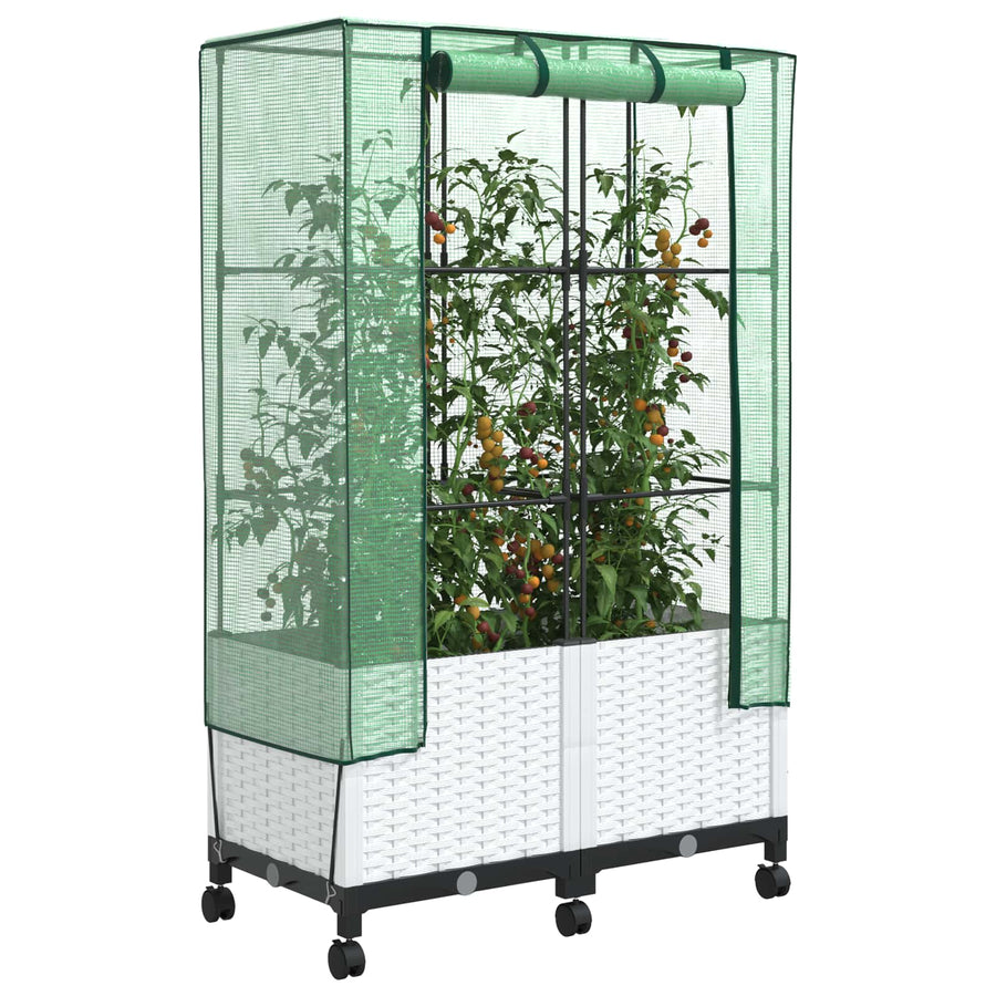 Tuinplantenbak met Kasbedekking en Wielen 2 st Wit PP
