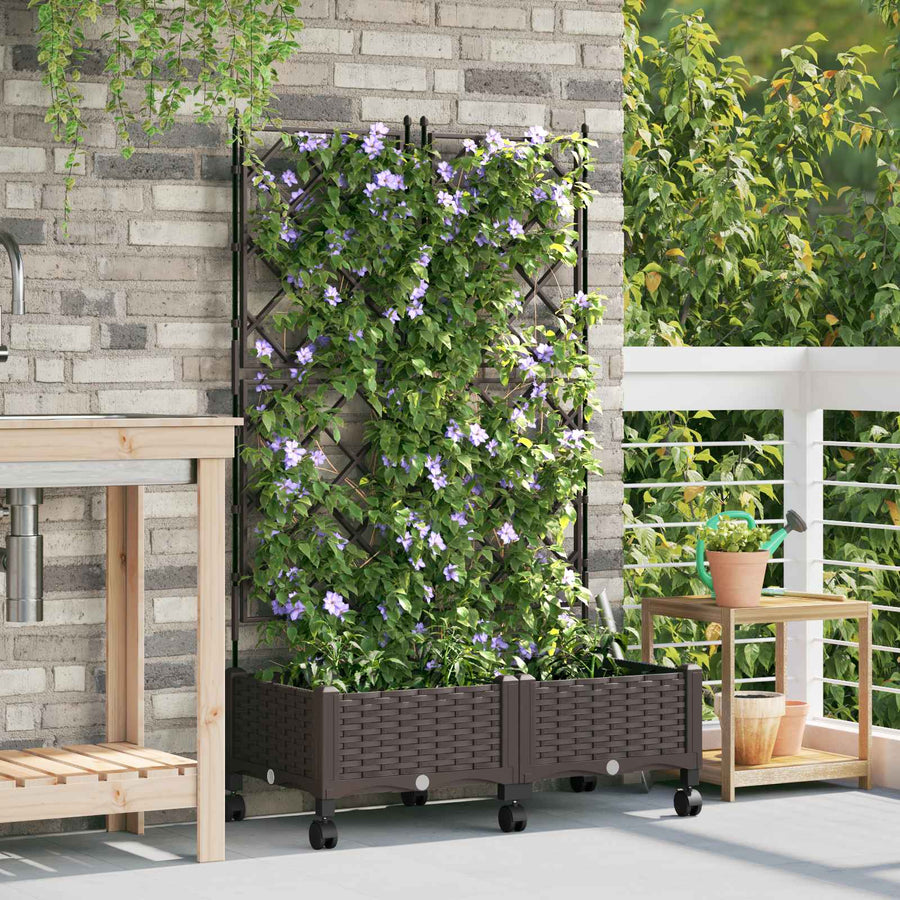 Tuinplantbak met schutting en wielen 2 st Bruin PP