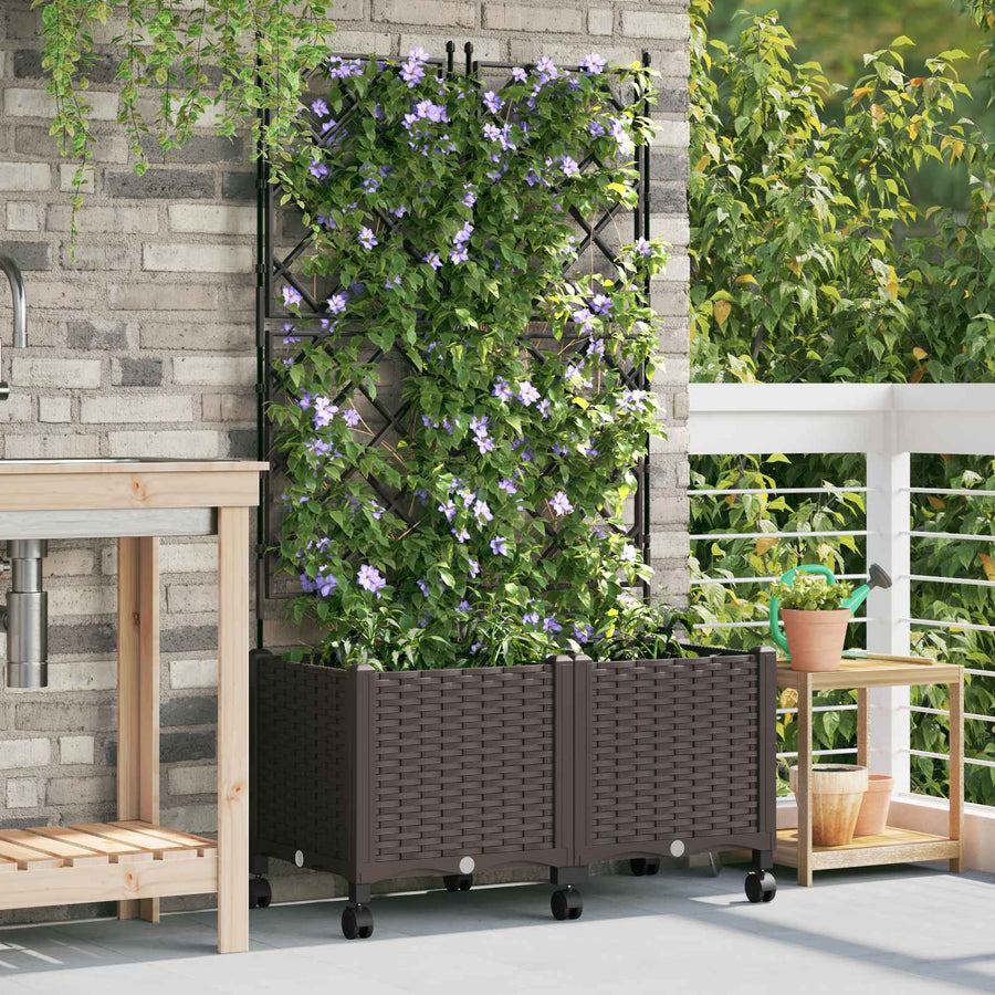 Tuinplantbak met schutting en wielen 2 st Bruin PP