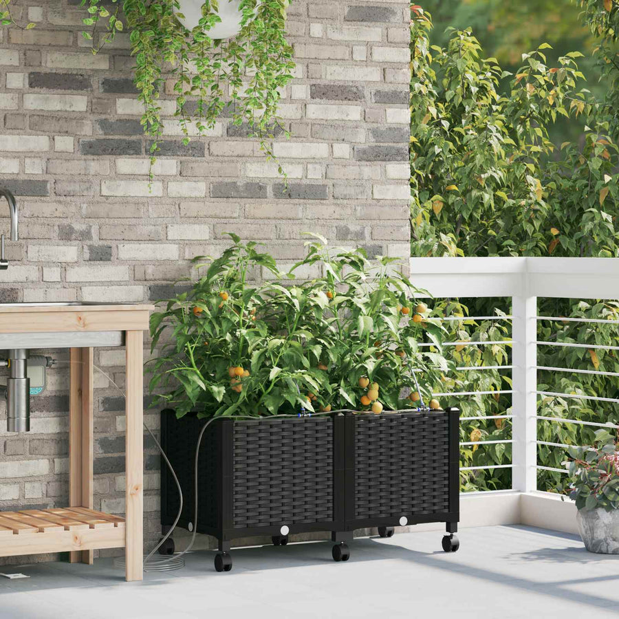 Tuin Pot met Irrigatie en Wielen 2 st Zwart 80 x 40 x 43,5 cm