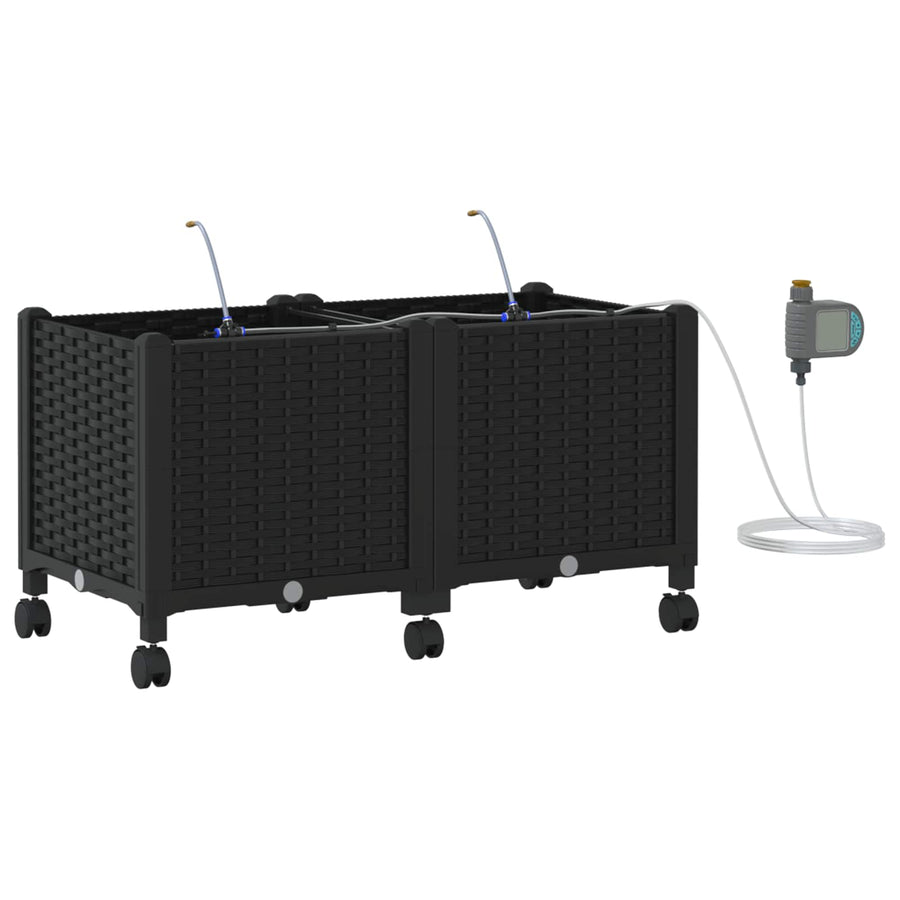 Tuin Pot met Irrigatie en Wielen 2 st Zwart 80 x 40 x 43,5 cm
