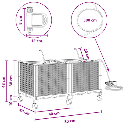 Tuin Pot met Irrigatie en Wielen 2 st Zwart 80 x 40 x 43,5 cm