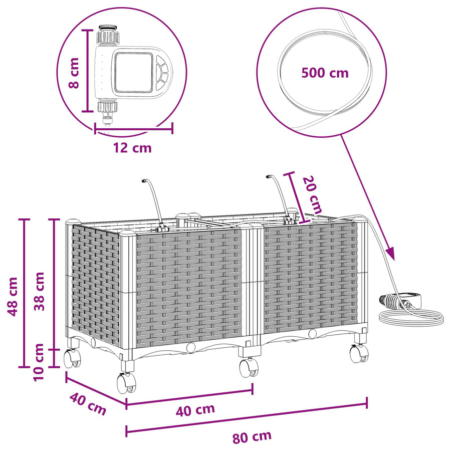 Tuin Pot met Irrigatie en Wielen 2 st Grijs 80 x 40 x 43,5 cm