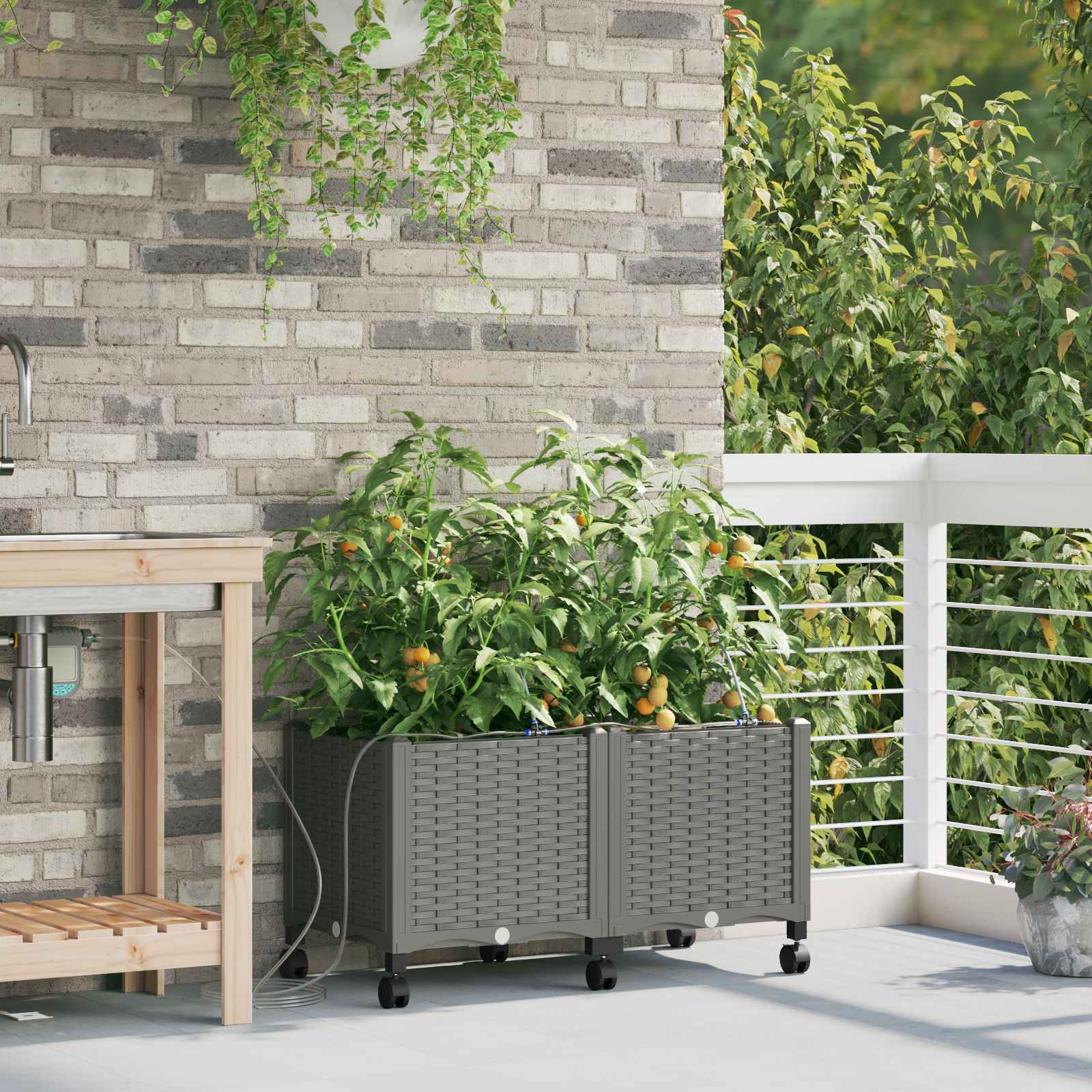 Tuin Pot met Irrigatie en Wielen 2 st Lichtgrijs PP