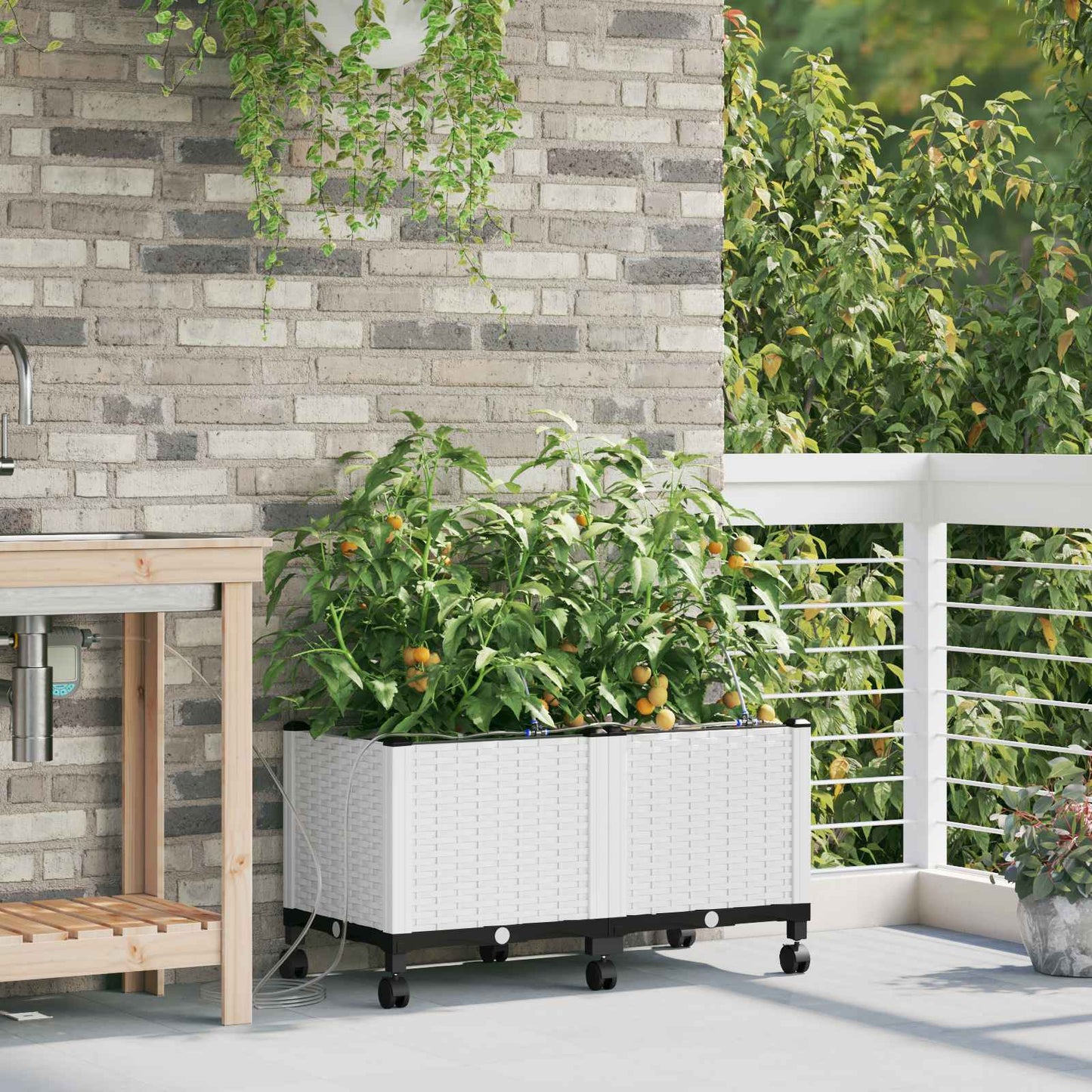 Tuin Pot met Irrigatie en Wielen 2 st Wit 80 x 40 x 43,5 cm PP