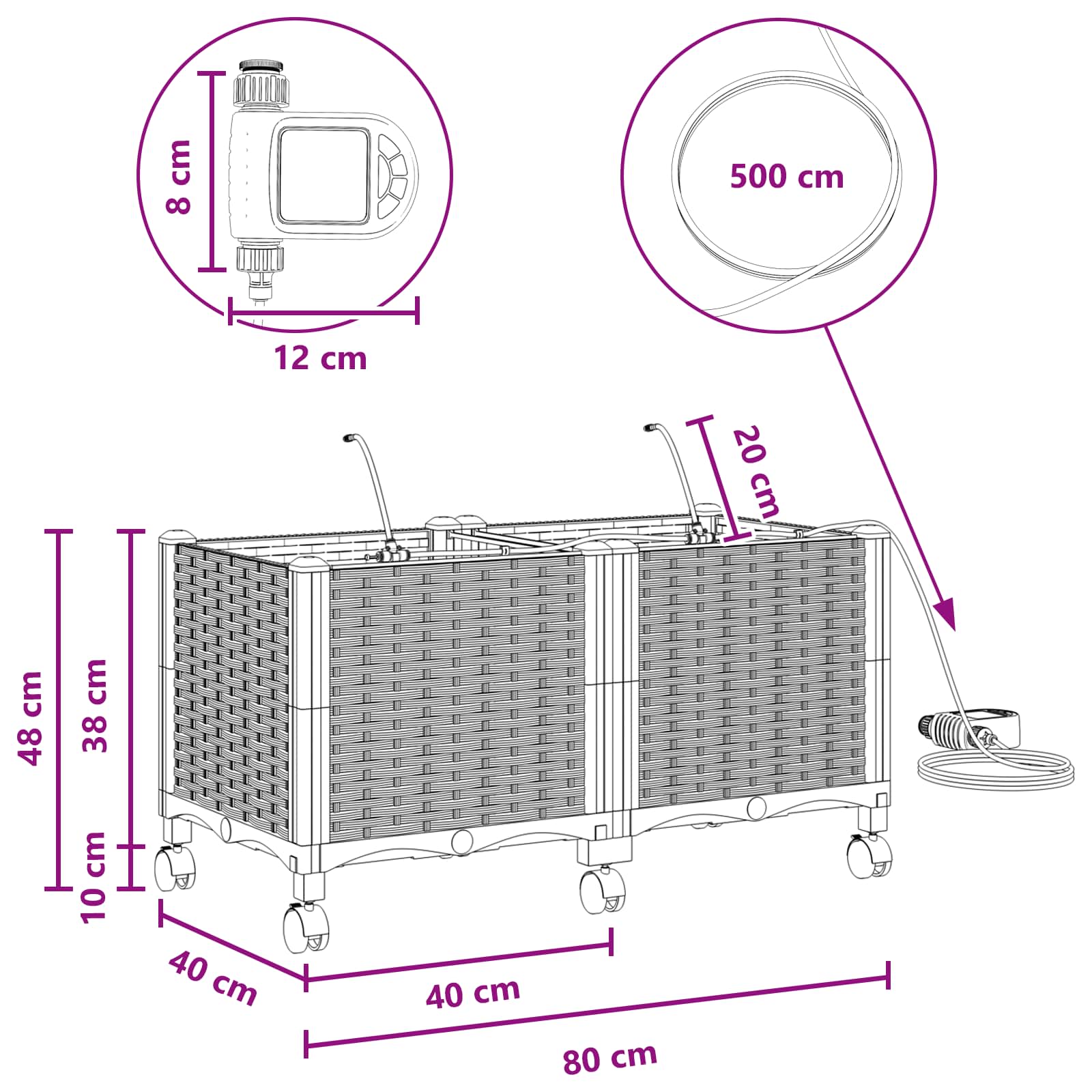 Tuin Pot met Irrigatie en Wielen 2 st Wit 80 x 40 x 43,5 cm PP