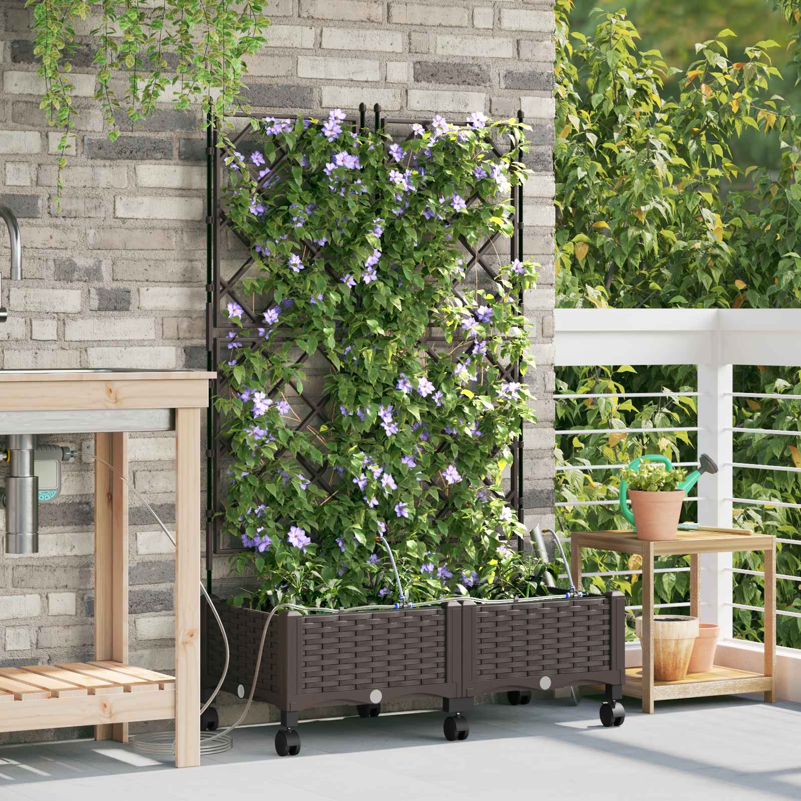 Tuin Pot met Irrigatie en Wielen 2 st Bruin 80 x 40 x 132 cm PP