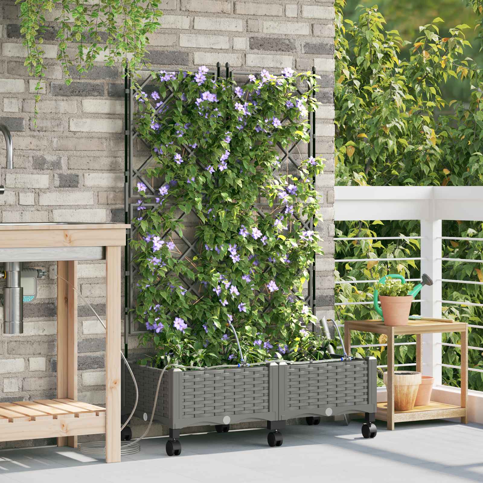 Tuin Pot met Irrigatie en Wielen 2 st Lichtgrijs PP