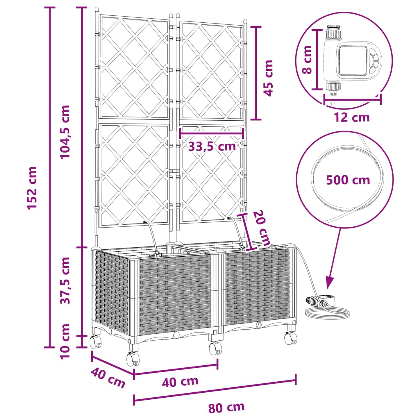 Tuin Pot met Irrigatie en Wielen 2 st Bruin 80 x 40 x 148 cm PP