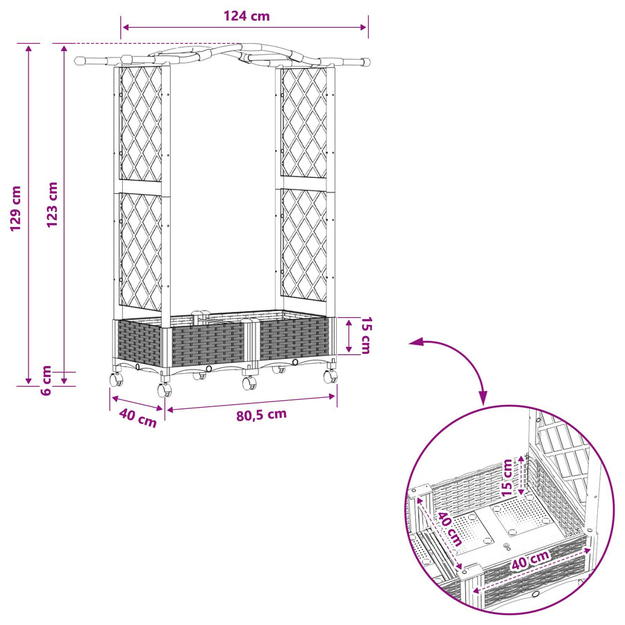 Verhoogd Bed met Trellis en Dak Zwart 124 x 40 x 129 cm PP